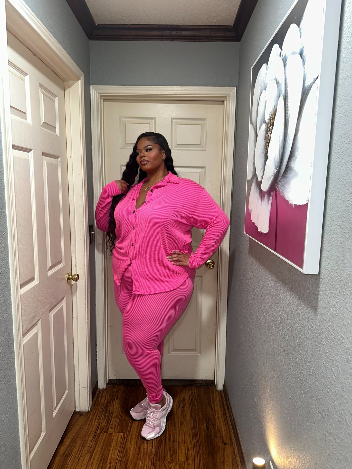 Button Up Ribbed Set (Hot Pink)