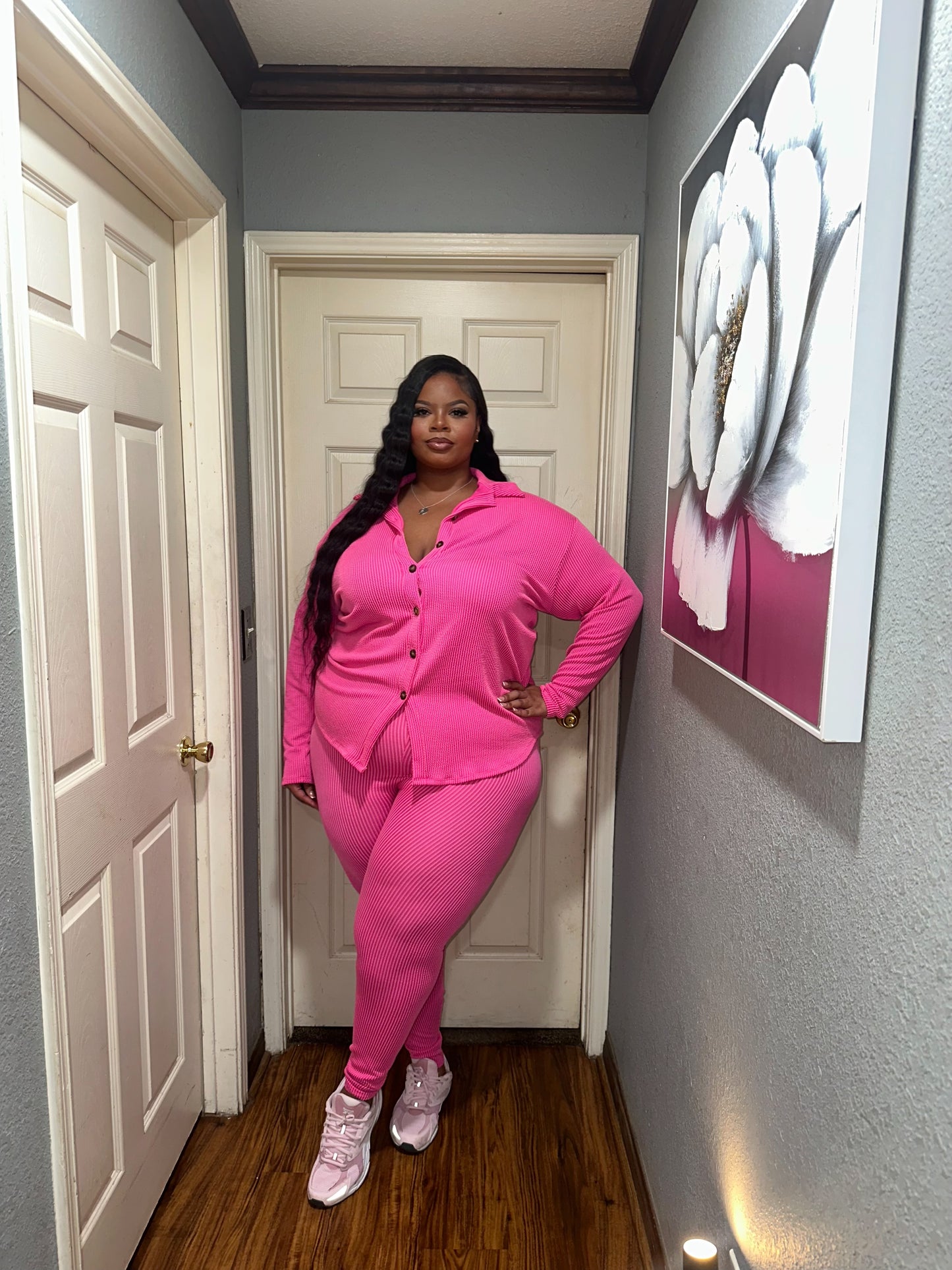 Button Up Ribbed Set (Hot Pink)